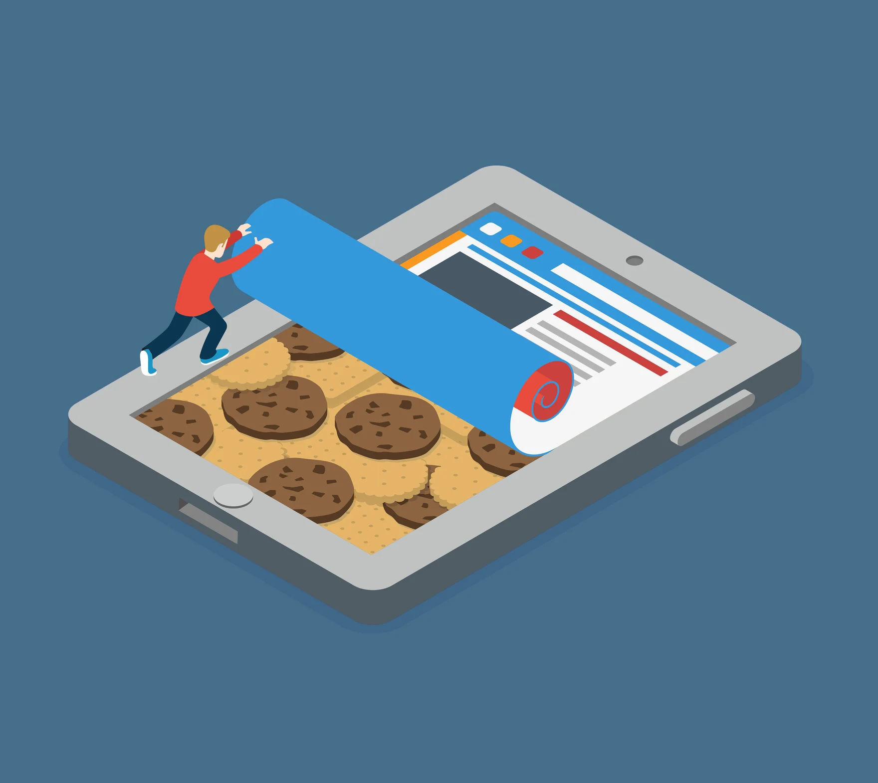 Eine Figur rollt eine Website auf einem Tablet zusammen, darunter kommen Kekse zum Vorschein