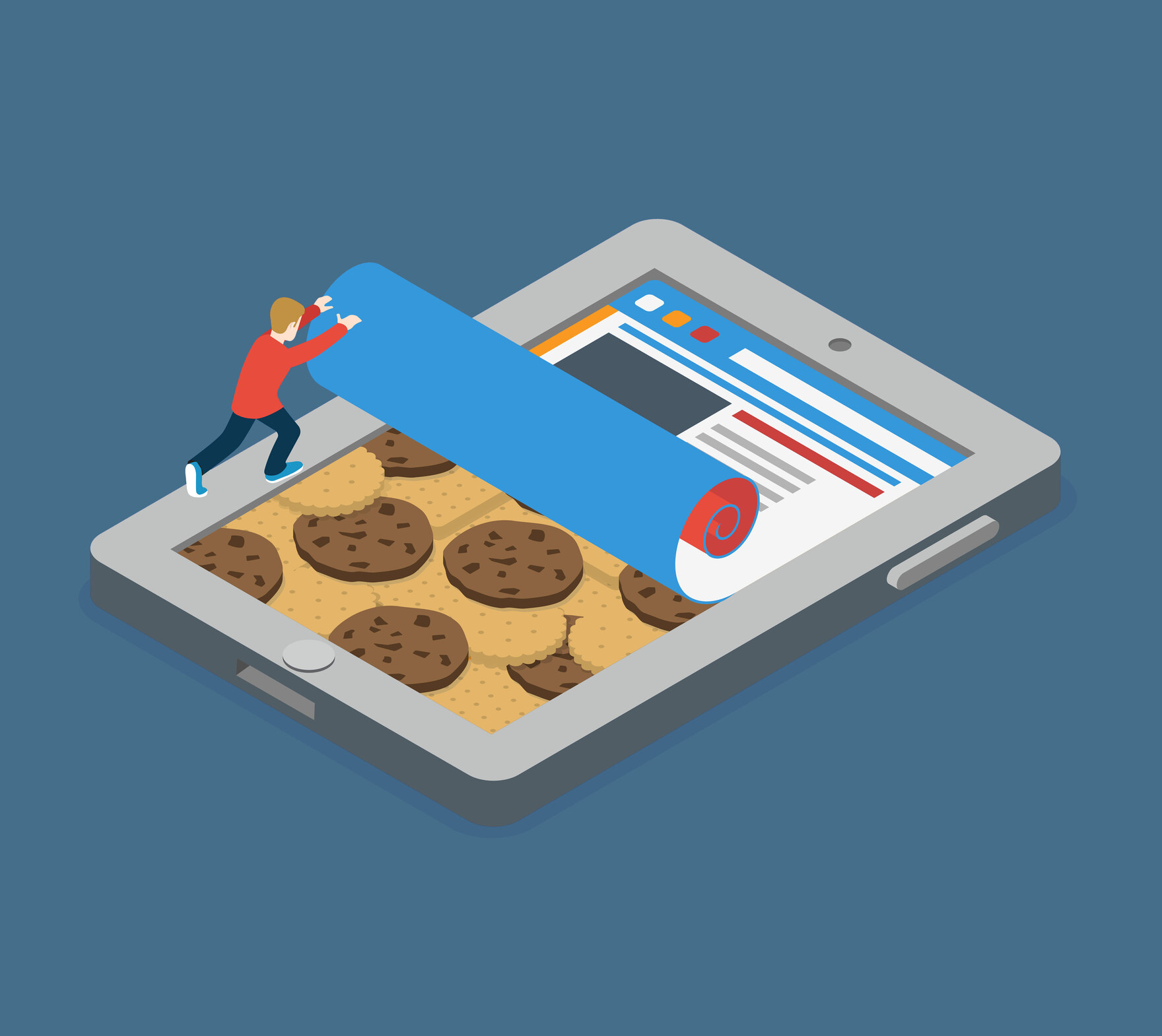 Eine Figur rollt eine Website auf einem Tablet zusammen, darunter kommen Kekse zum Vorschein