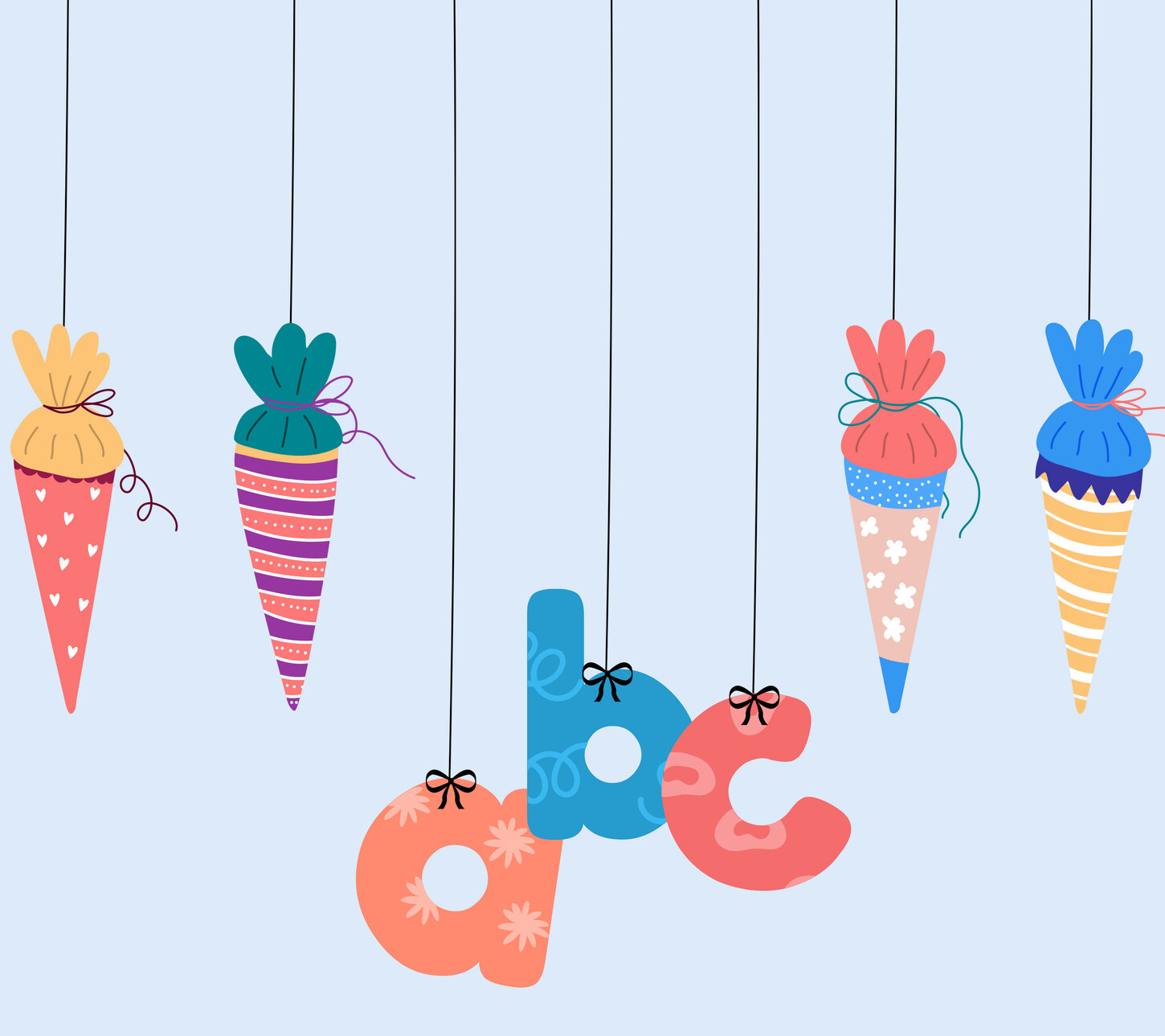 Grafische Darstellung von Zuckertüten und den Buchstaben a, b, c
