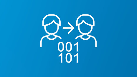 Symbolische Darstellung von zwei Personen, zwischen denen ein Pfeil sowie Nullen und Einsen stehen.