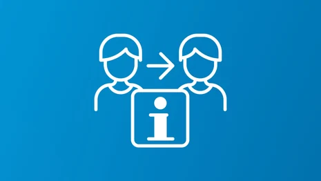 Symbolische Darstellung von zwei Personen, einem Pfeil und einem I.
