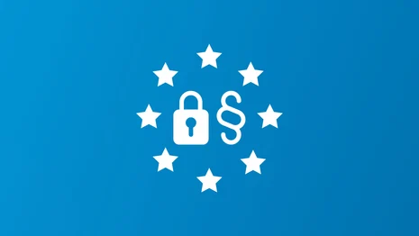 Symbolische Darstellung der EU in Form eines Kreises aus Sternen. Innerhalb des Kreises sind eine Person und ein abgeschlossenes Vorhängeschloss abgebildet.