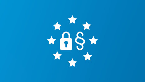 Symbolische Darstellung der EU in Form eines Kreises aus Sternen. Er enthält ein Vorhängeschloss und ein Paragrafenzeichen.