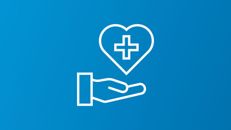 Symbolische Darstellung einer Hand über der ein Herz mit medizinischem Kreuz schwebt
