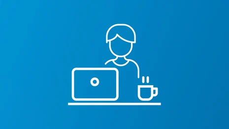 Symbolische Darstellung einer Person, die mit einer Tasse am Laptop sitzt.