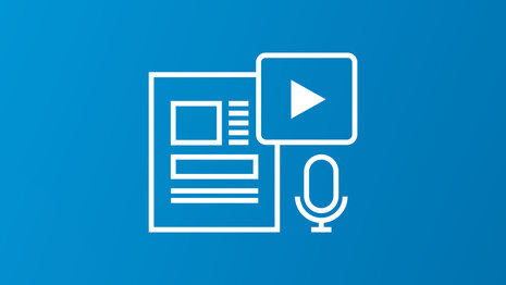 Symbolische Darstellung eines Dokuments, eines Mikrofons und eines Buttons für das Abspielen eines Videos.