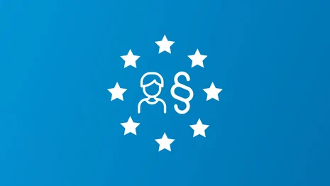 Symbolische Darstellung der EU in Form eines Kreises aus Sternen. Er enthält eine Person und ein Paragrafenzeichen.
