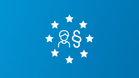 Symbolische Darstellung der EU in Form eines Kreises aus Sternen. Er enthält eine Person und ein Paragrafenzeichen.