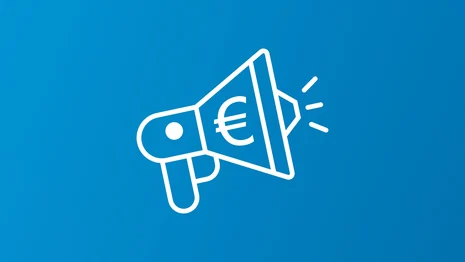 Symbolische Darstellung eines Megafons auf dem das Zeichen des Euros abgebildet ist