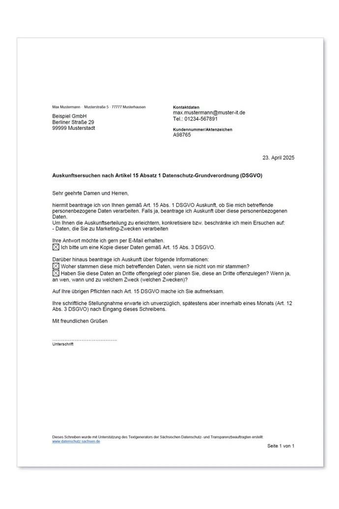 Musterschreiben für ein Auskunftsersuchen nach Artikel 15 Datenschutz-Grundverordnung