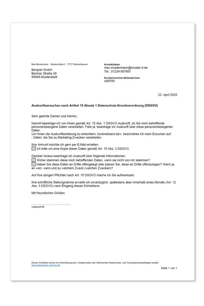 Beispiel für ein Auskunftsersuchen nach Artikel 15 Datenschutz-Grundverordnung Musterschreiben für ein Auskunftsersuchen nach Artikel 15 Datenschutz-Grundverordnung