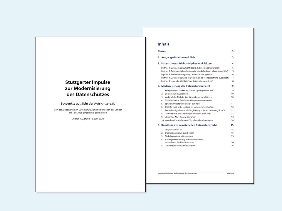 Deckblatt und Inhaltsverzeichnis des Dokuments »Stuttgarter Impulse zur Modernisierung des Datenschutzes«