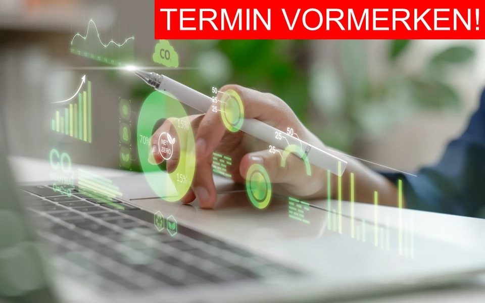 Vor einem Laptop-Bildschirm befinden sich grüne virtuelle Diagramme, u. a. zu CO2. In der rechten Ecke des Bildes ist »Termin vormerken« zu lesen.