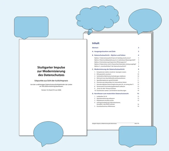 Dokument mit der Aufschrift »Stuttgarter Impulse zur Modernisierung des Datenschutzes« inmitten von Sprech- und Gedankenblasen
