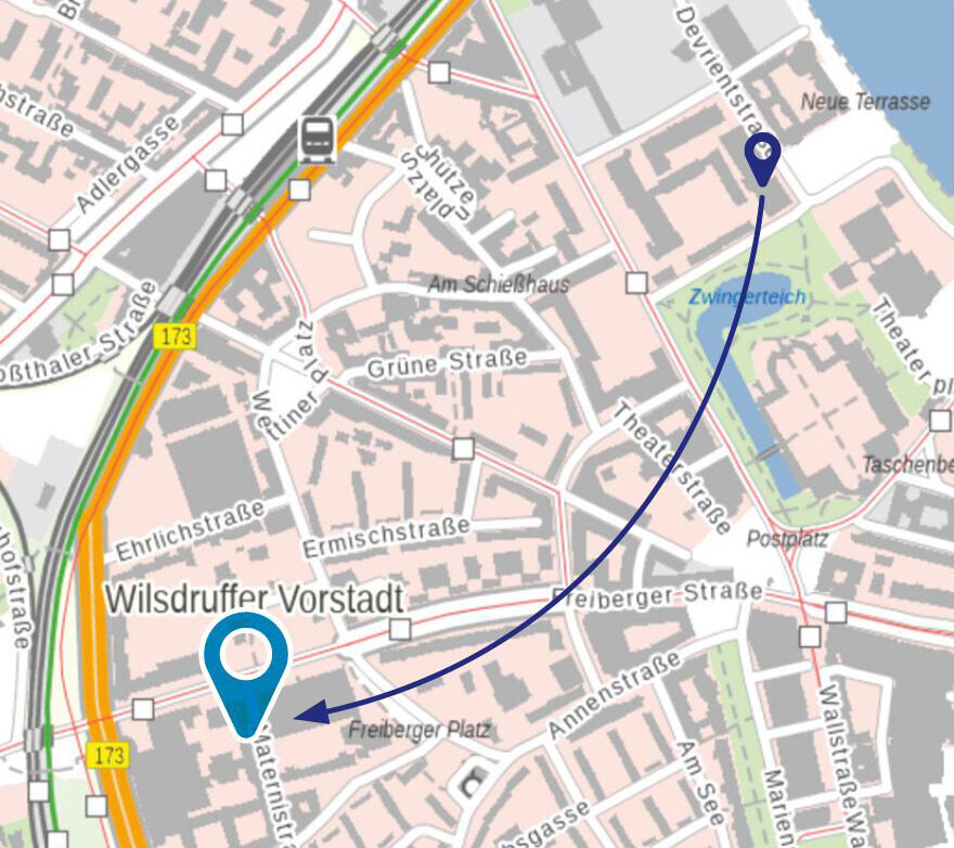 Kartenausschnitt, der den Umzug von der Devrientstraße in die Maternistraße zeigt.