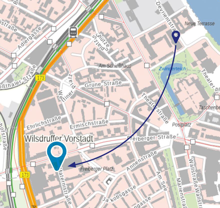 Kartenausschnitt, der den Umzug von der Devrientstraße in die Maternistraße zeigt.